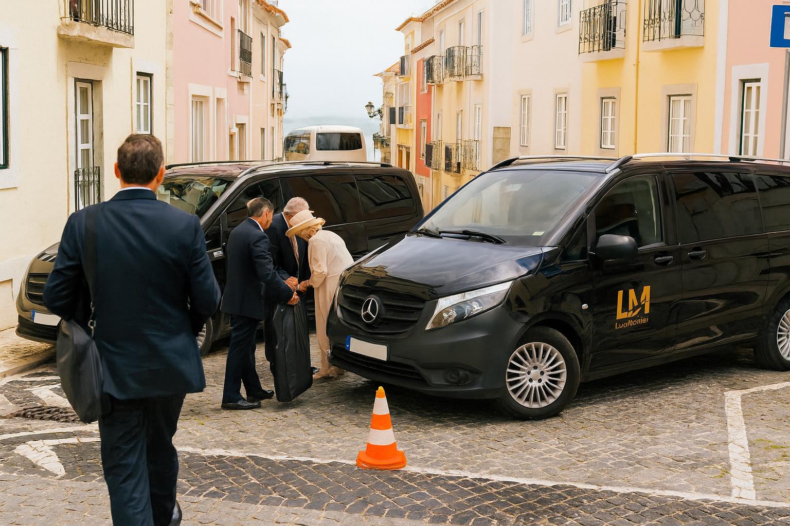 Two Mercedes V-Class shuttles load wedding guests in Cascais old town with a coach staged at a designated bay nearby.