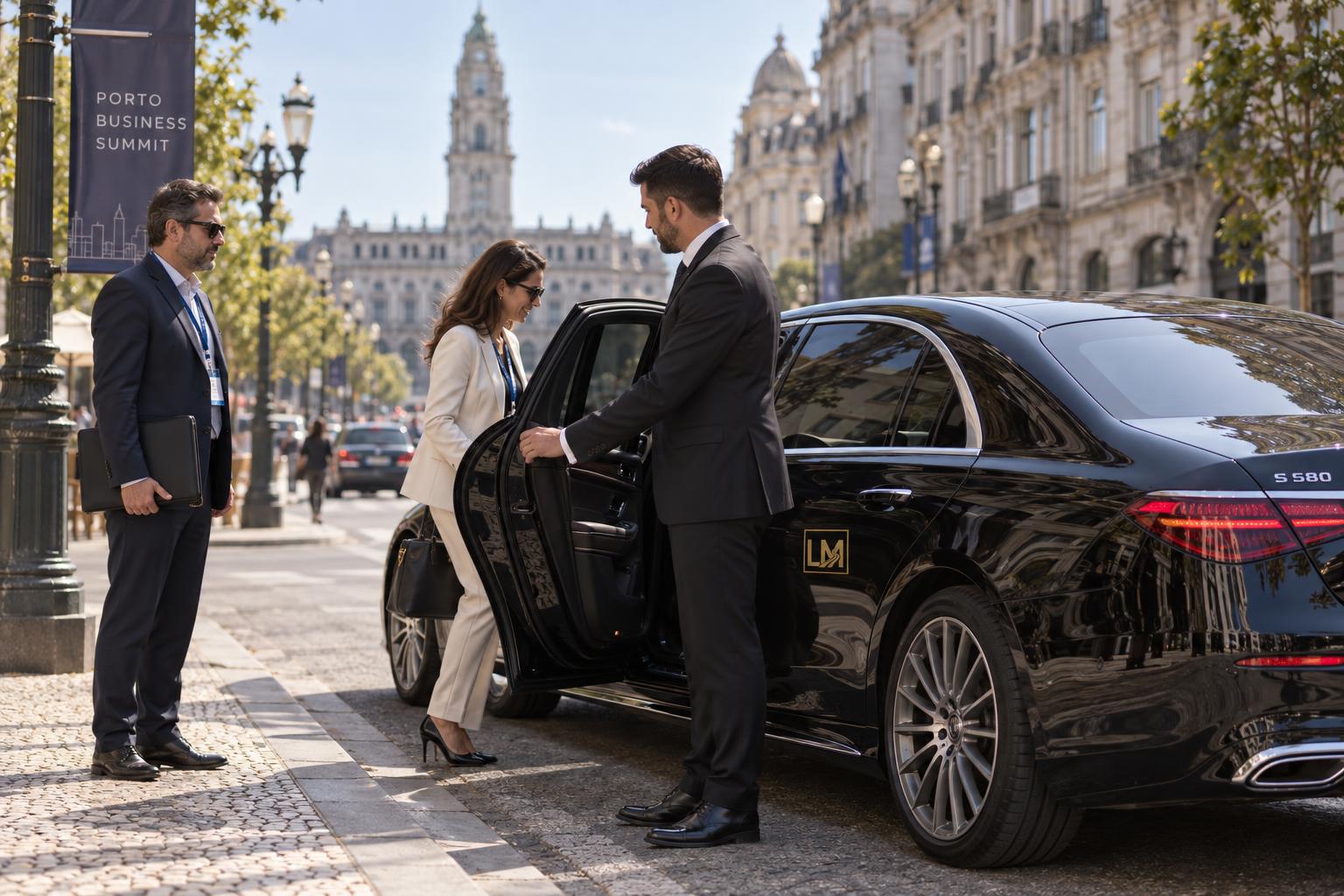 Chauffeur opens a Mercedes S-Class for an executive on Porto’s Avenida dos Aliados during a multi-stop roadshow.