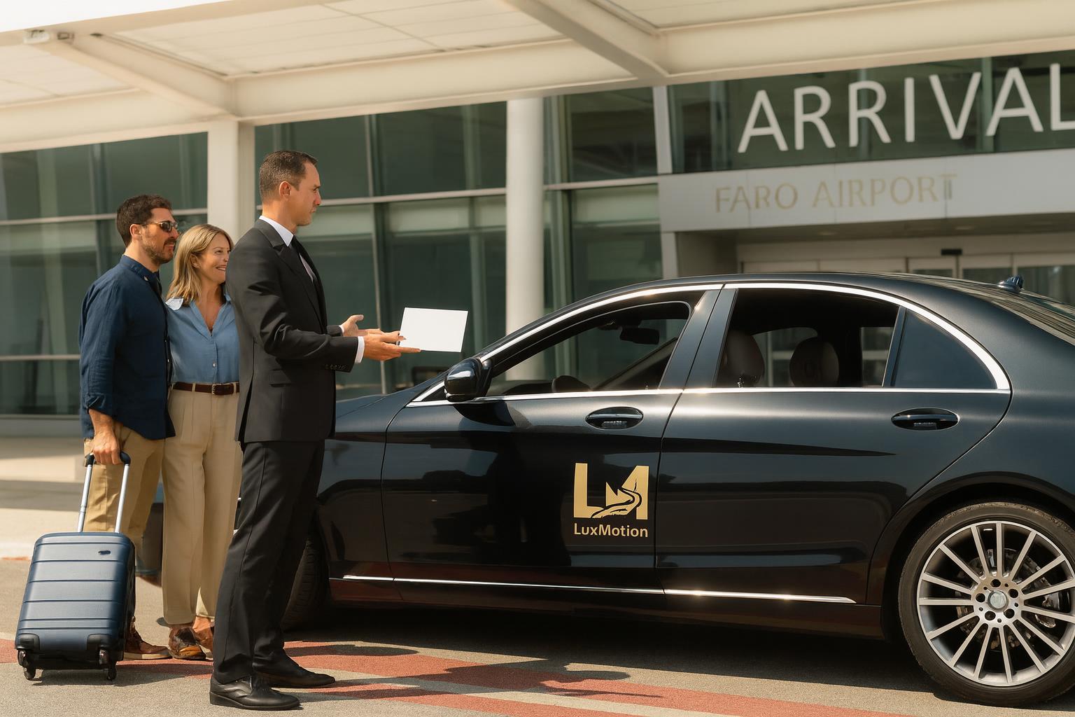 Chauffeur meets a couple at Faro Airport beside a black Mercedes S-Class ready for the short transfer to Quinta do Lago.