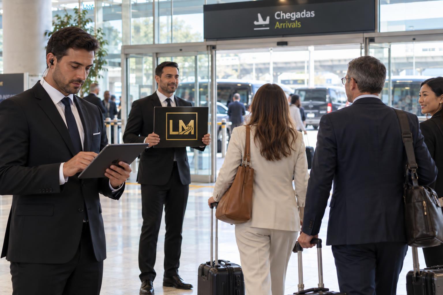 LuxMotion dispatcher at Lisbon Airport Terminal 1 arrivals holds a black welcome board and coordinates pickups for incoming delegates.