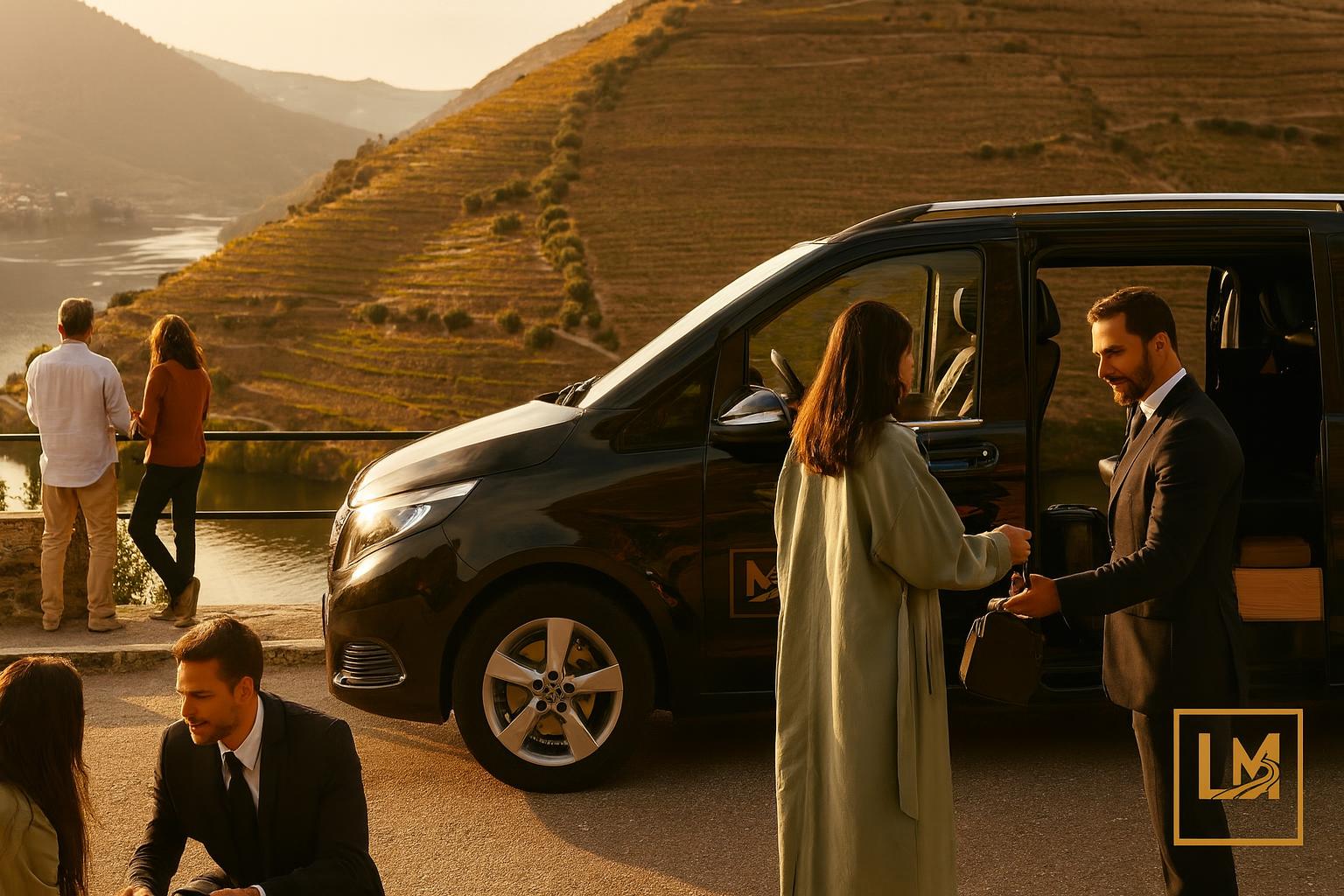 Mercedes V-Class at a Douro Valley viewpoint on the N222 as a chauffeur manages luggage and guests look over the river terraces.