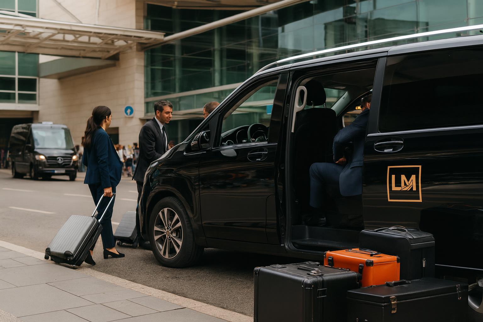 Chauffeur loads luggage as delegates board a Mercedes V-Class at Lisbon Airport Terminal 1 arrivals curb.