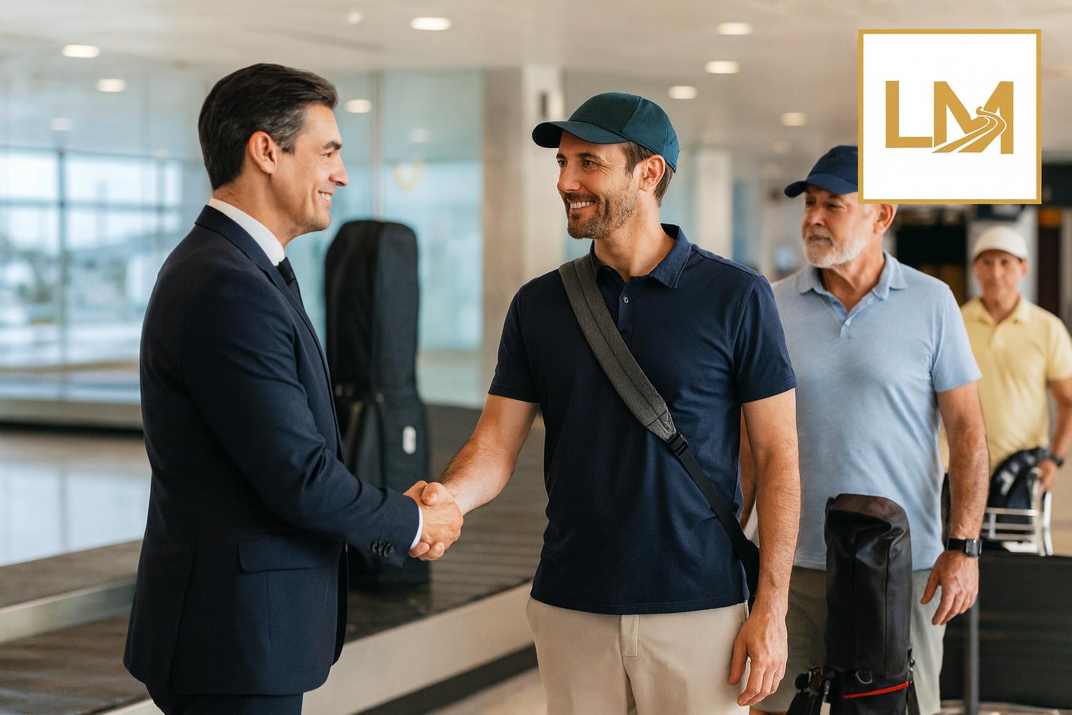 Faro Airport arrivals hall where a chauffeur greets golfers and a golf bag appears on the large-items belt.