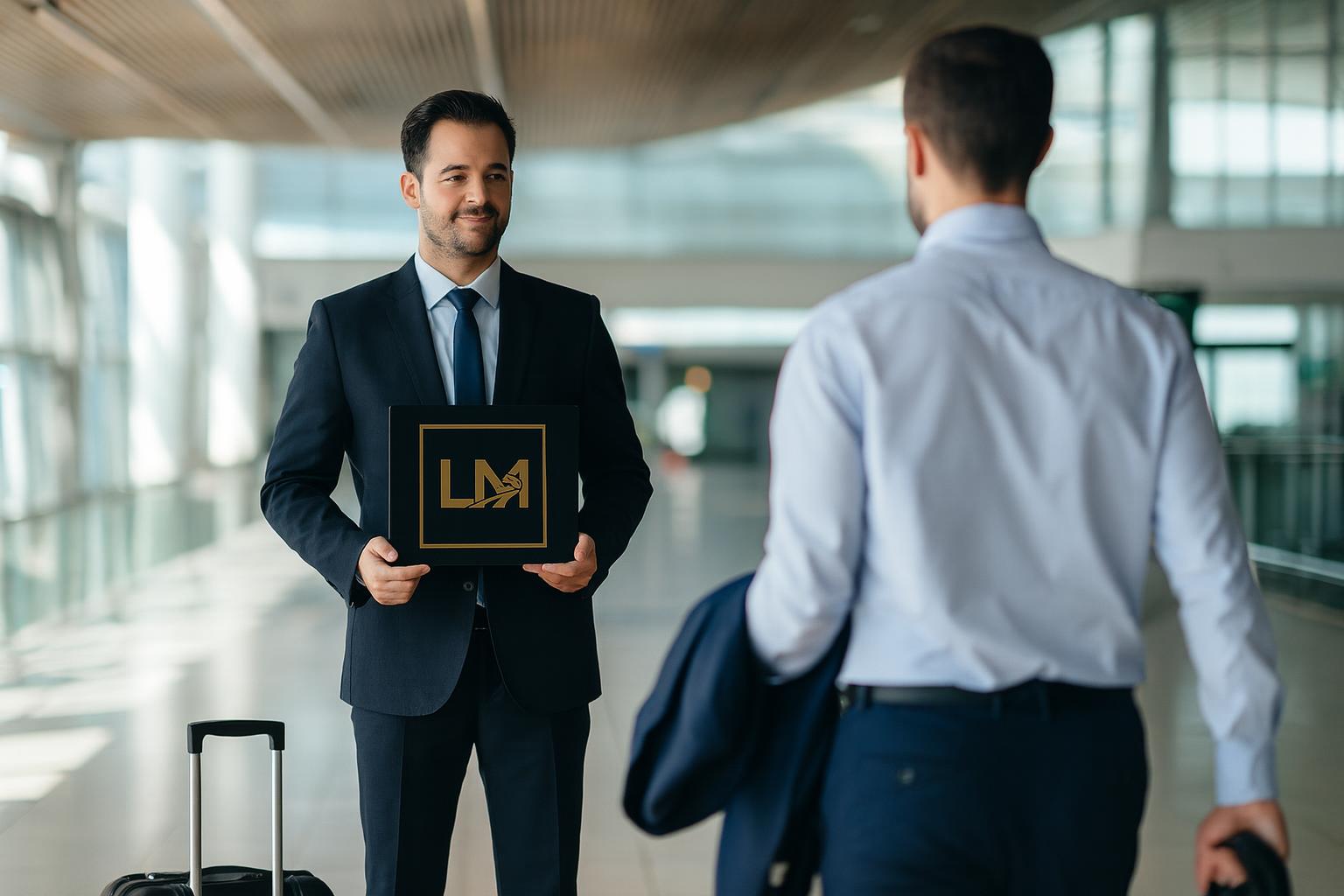 Chauffeur greets executive travelers in Porto OPO arrivals hall for a chauffeur-driven executive roadshow.